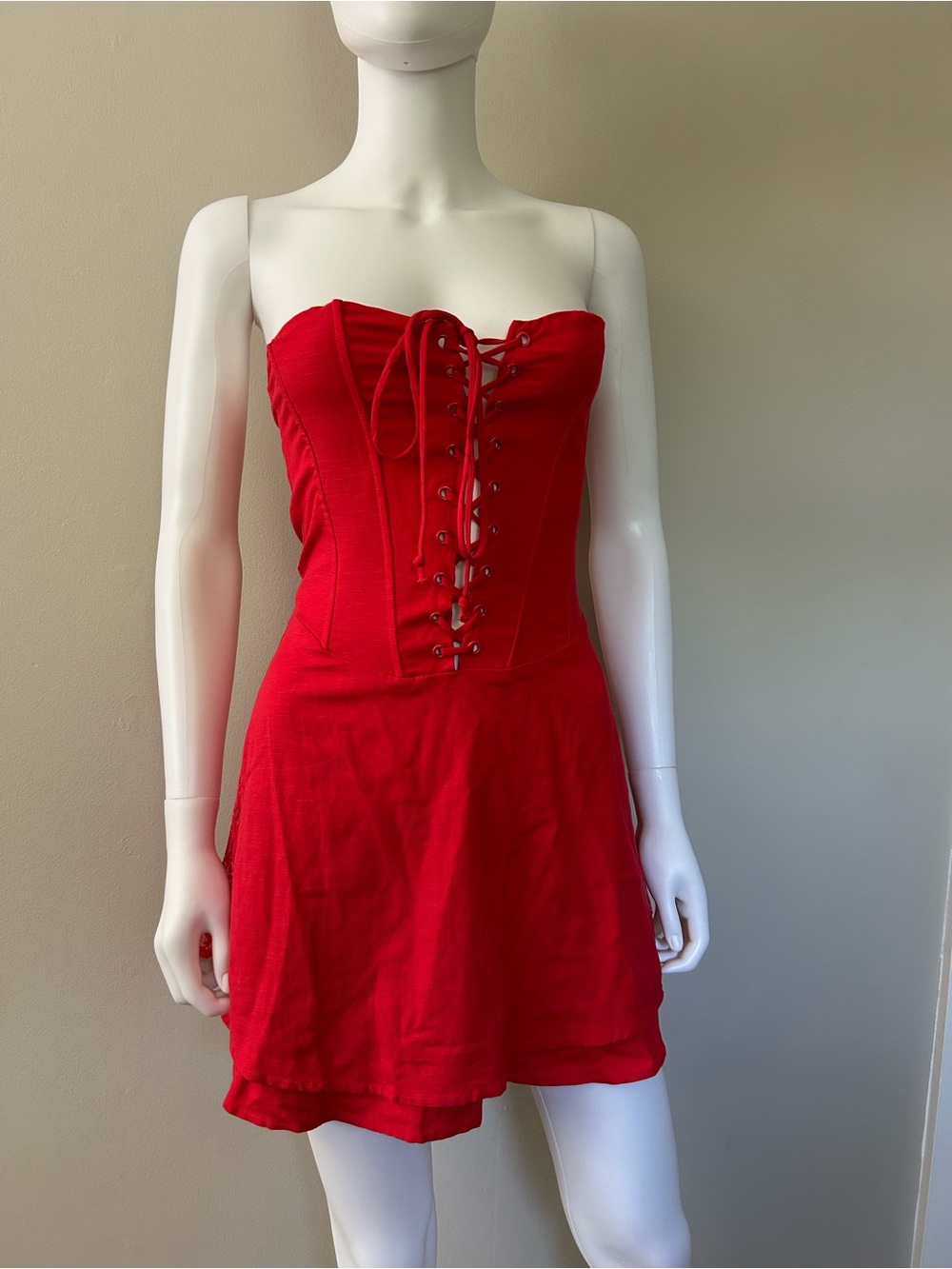 Sky to Moon Bella Rose Red Corset Lace Up Mini Dress Small NWT Linen Blend